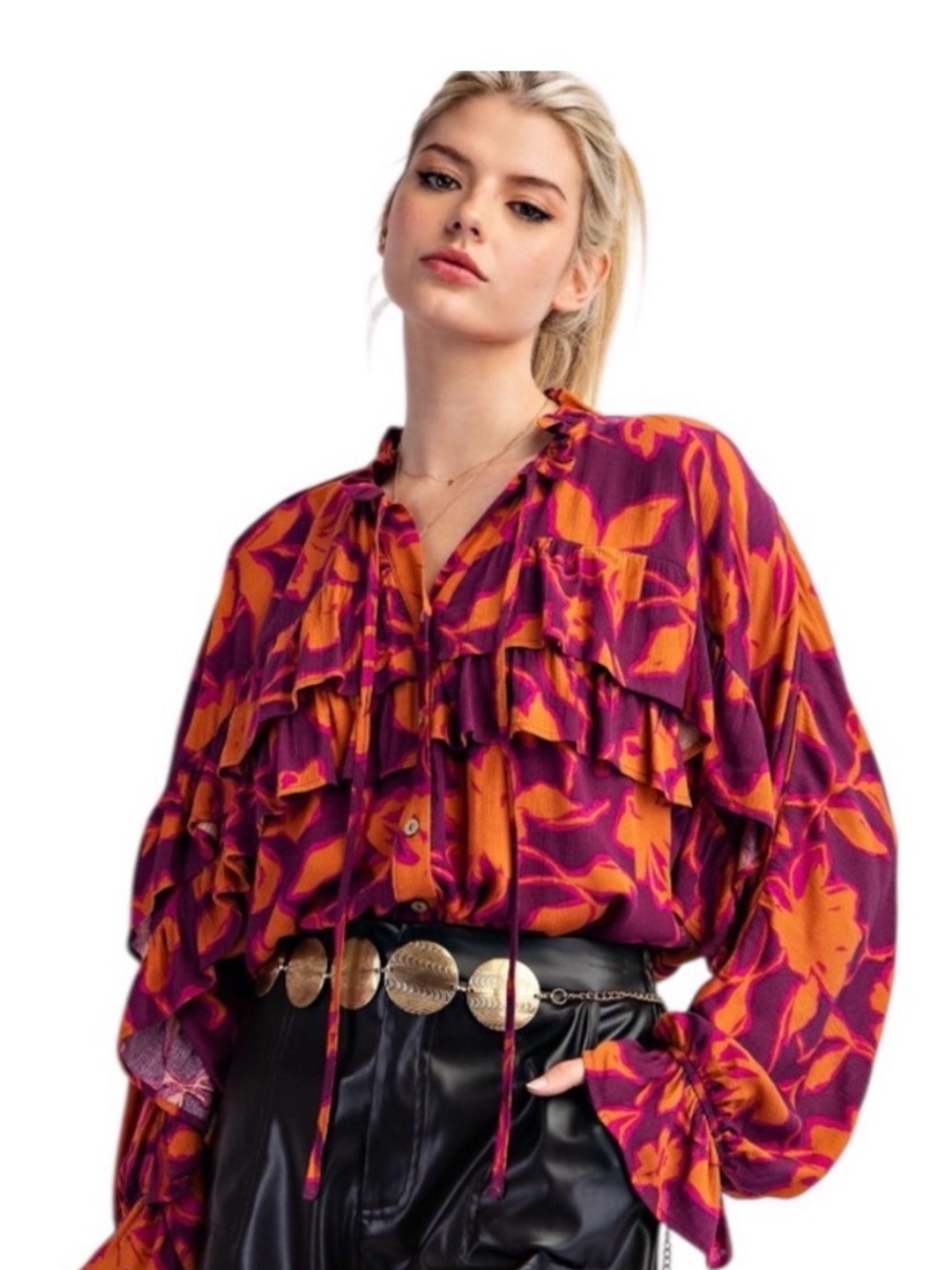easel Ruffled Long-Sleeve Floral Blouse in Purple & Orange
